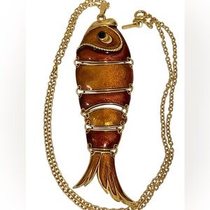 D'Orlan Fish Pendant Necklace Signed Gold Plated Enamel Modernist 1970's
